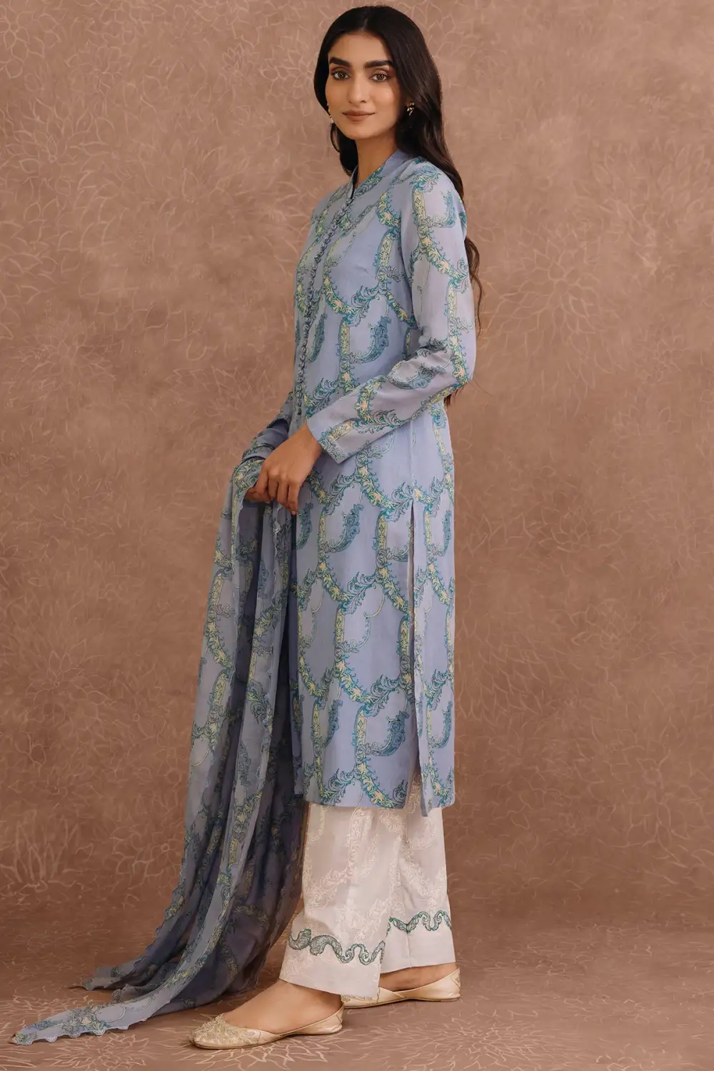 3 Pcs Printed And Embroidered Suit