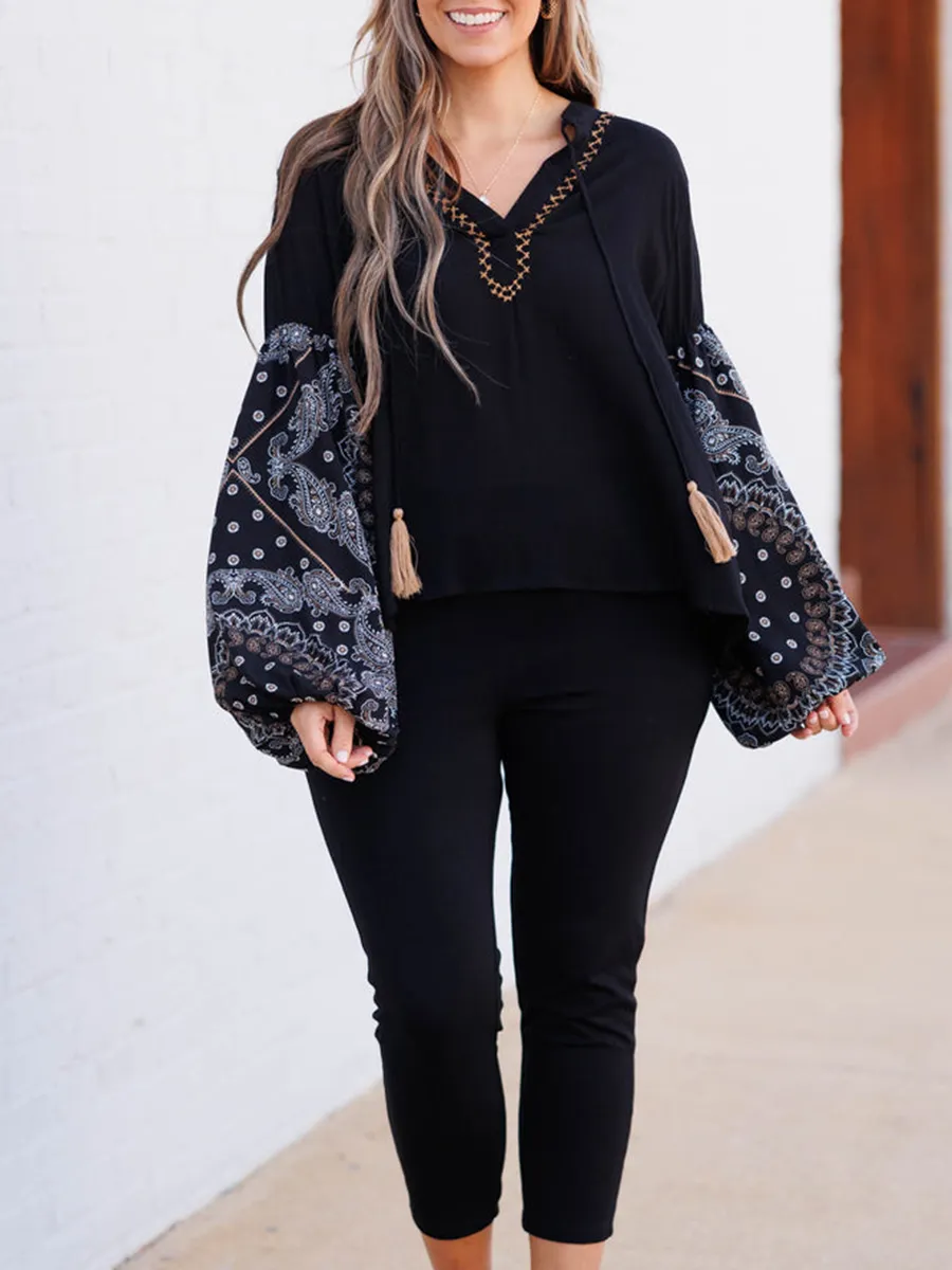 Embroidered lace up lantern sleeve shirt with patchwork cashew pattern