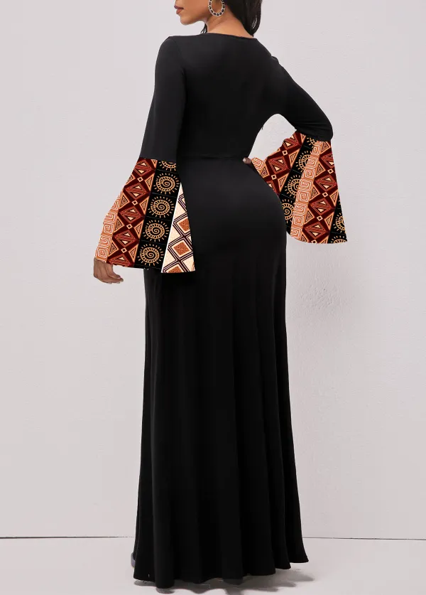 Tribal Print Patchwork Black Long Sleeve Maxi Dress