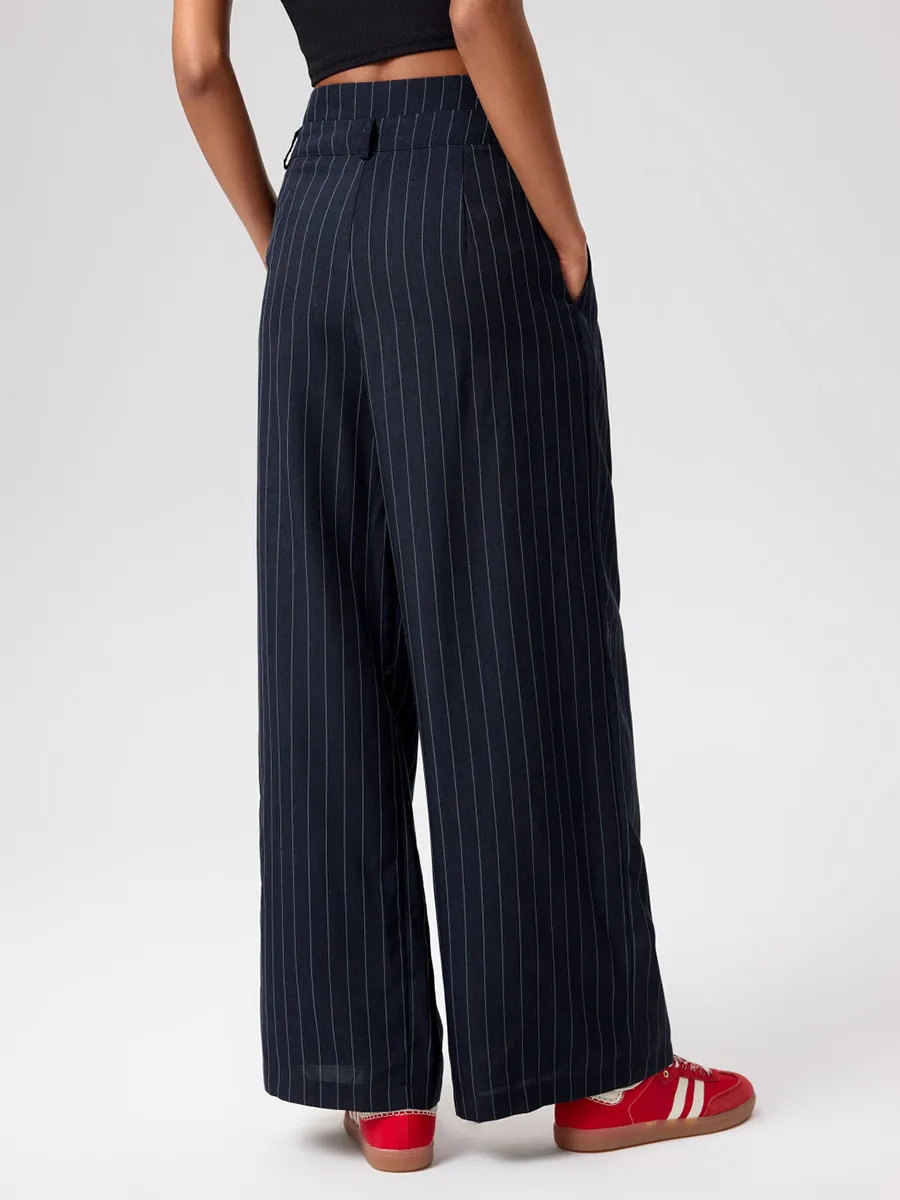 Mid Waist Striped Pleated Button Trousers