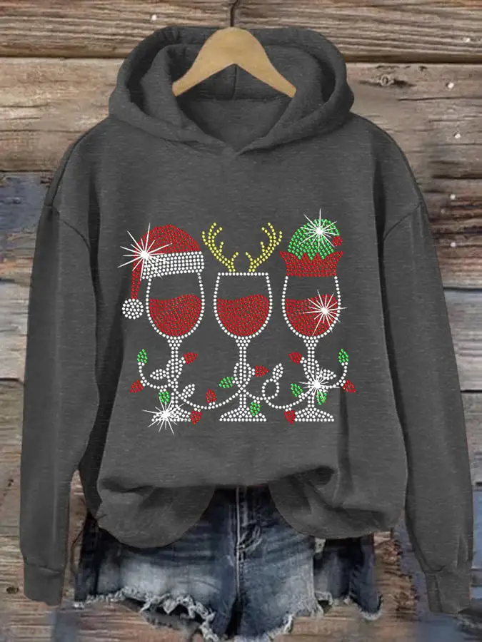 Women's Christmas Elf Deer Santa Hat Red Wine Glass Print Hoodie