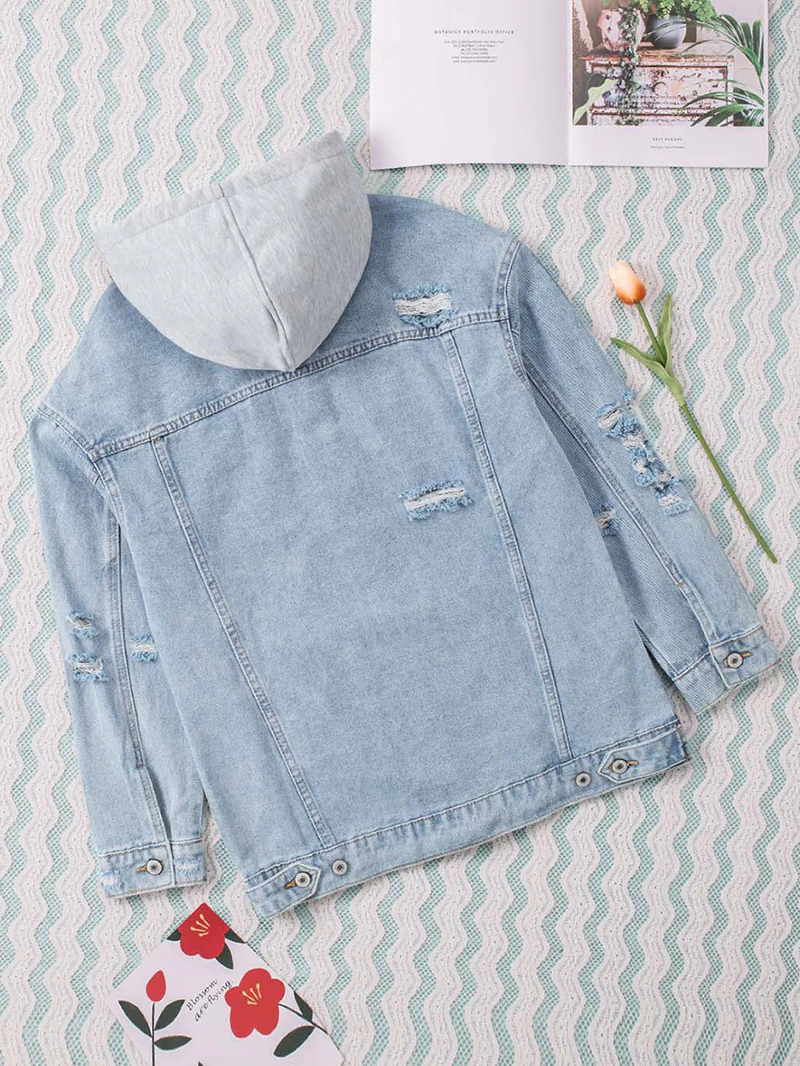 Casual solid color patchwork hooded denim jacket