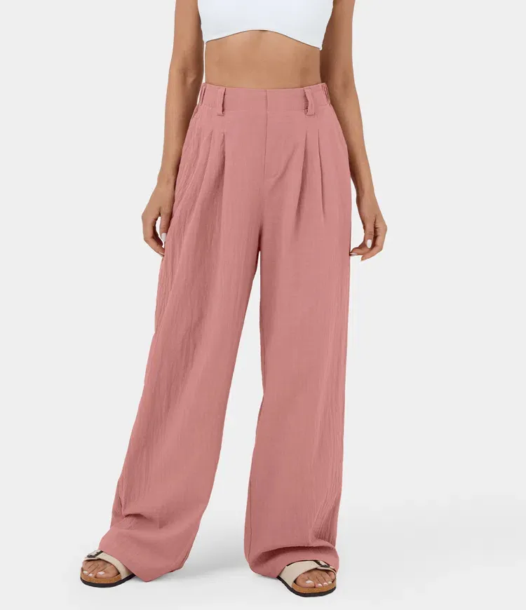 High Waisted Plicated Side Pocket Wide Leg Flowy Solid Palazzo Casual Pants