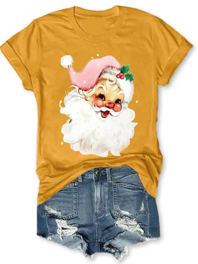 Christmas Retro Pink Santa Print T-Shirt