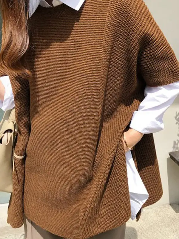 Casual Solid Color Round-Neck Half Sleeves Knitted Sweater Cape Top