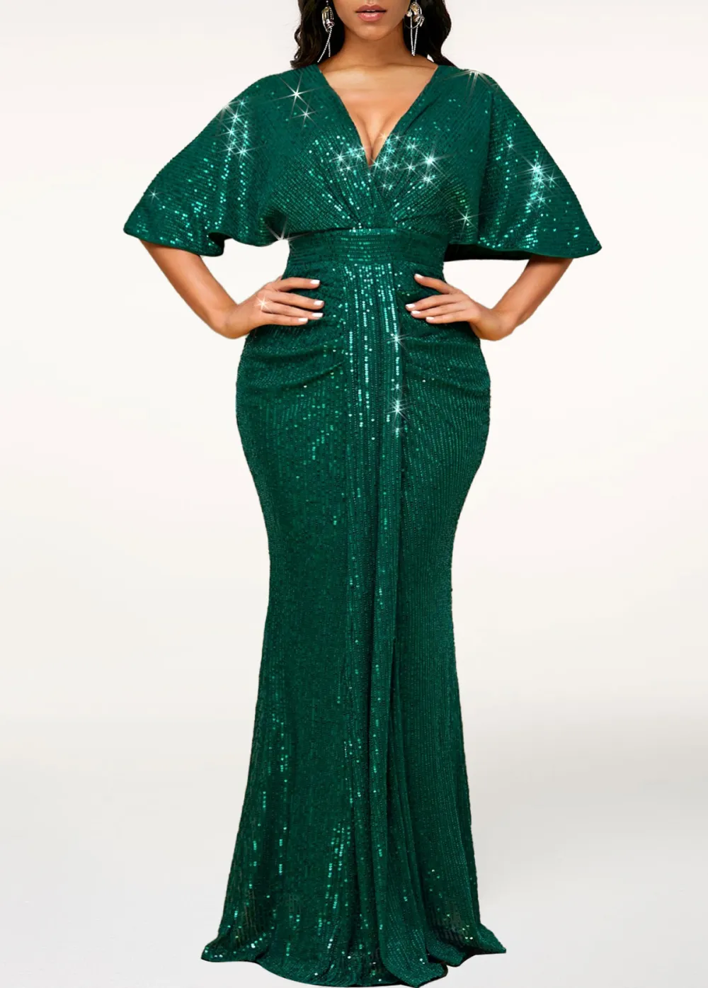 Sequin V Neck Blackish Green Maxi Bodycon Dress