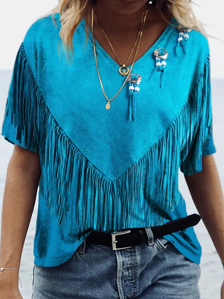 Western Vintage Leather Fringe Art V Neck Comfy T Shirt