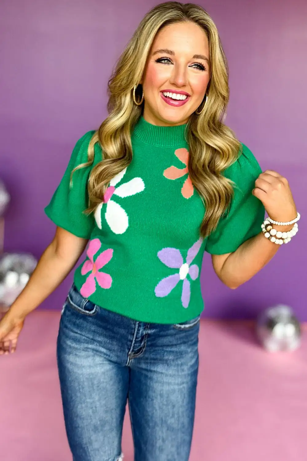 Floral Bubble Short Sleeve Sweater