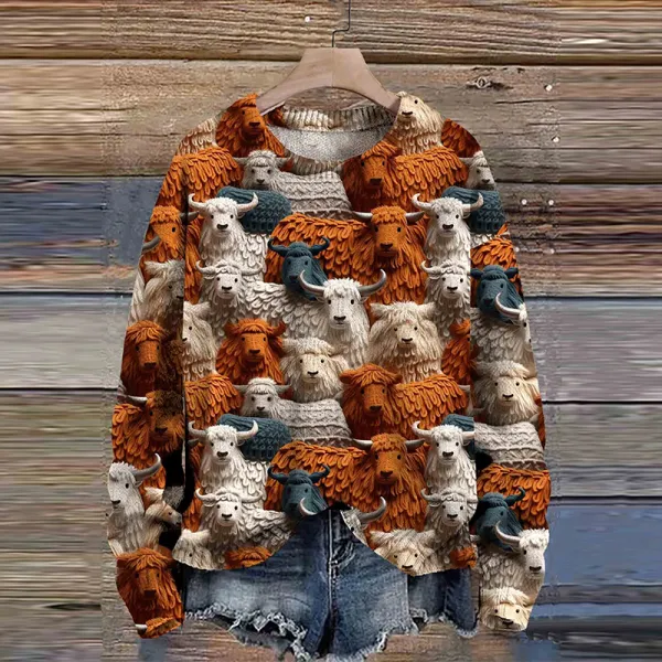 Highland Cow Print Casual Knit Pullover Sweater