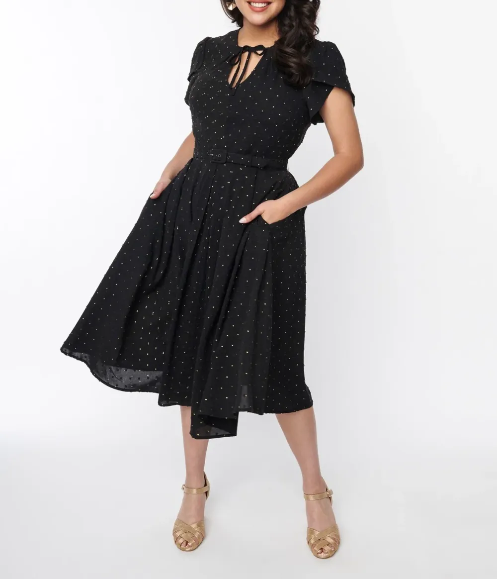 Unique Vintage Black & Gold Clip Dot Dahlia Swing Dress