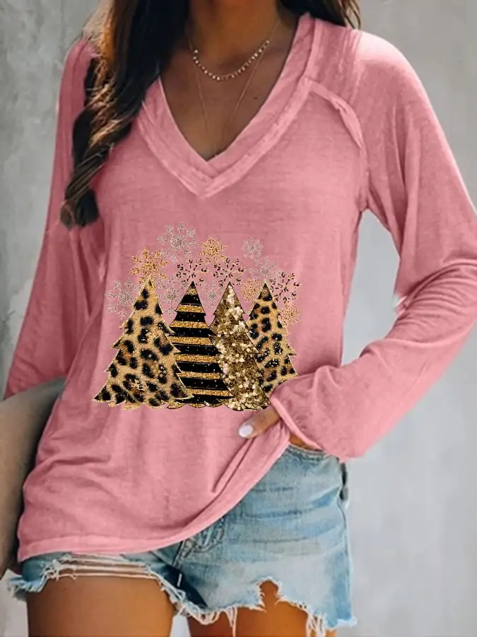 Women's Leopard   Tree Print V-Neck Long Sleeve T-Shirt