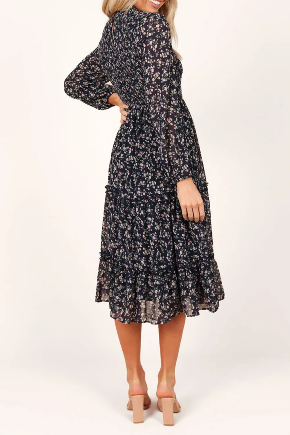 EDWINA SHIRRED FRILL LONG SLEEVE MIDI DRESS - NAVY FLORAL