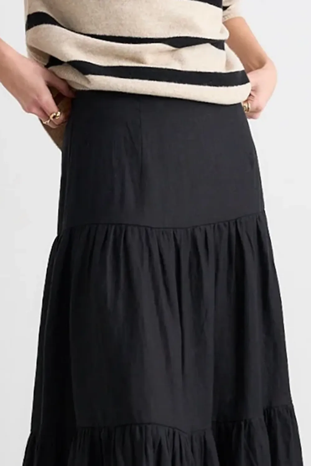 Blazing Black Tiered Linen Midi Skirt