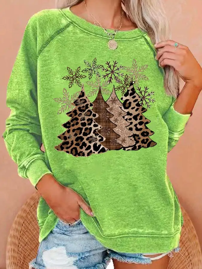 Women's Leopard   Tree Print Casual Crewneck Sweatshirt