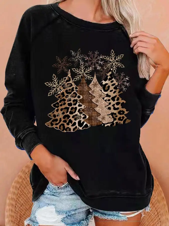 Women's Leopard   Tree Print Casual Crewneck Sweatshirt