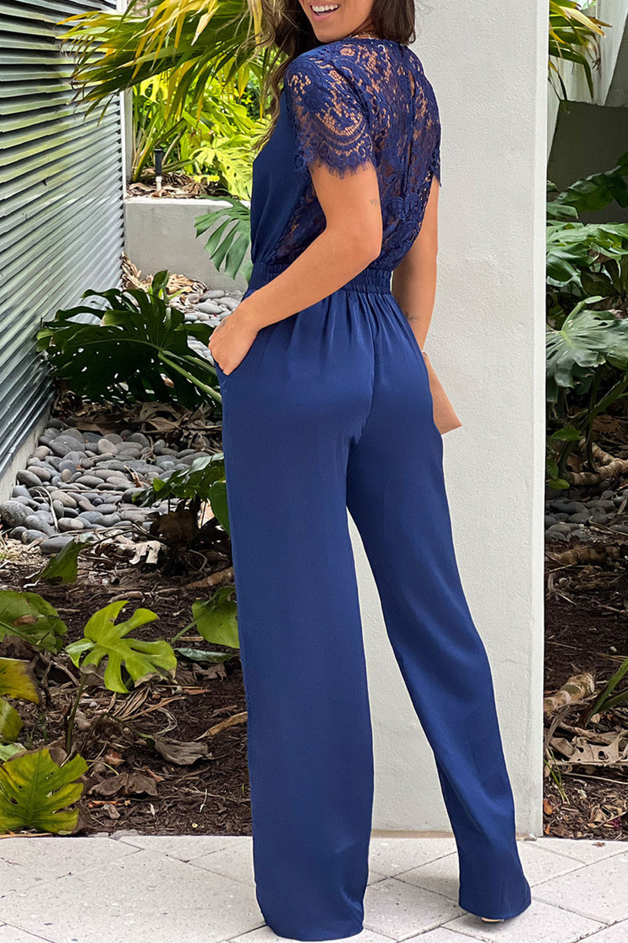 Navy Jumpsuit With Lace Back And Sleeves