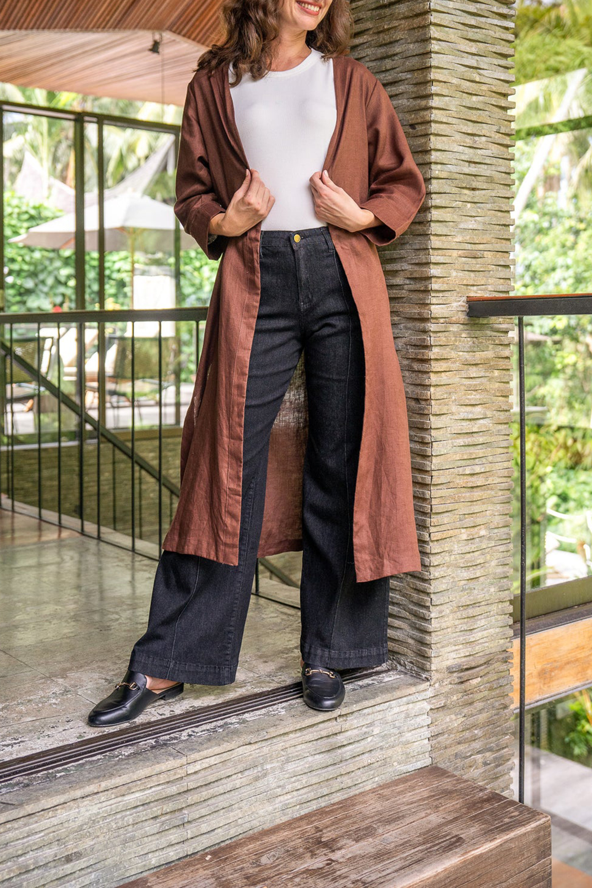 Long Line Linen Duster Jacket In Raisin