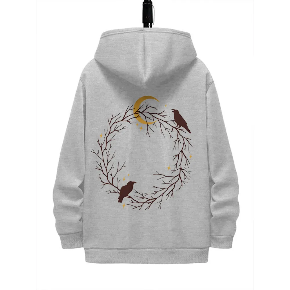 MOON N BIRDS PATTERN PRINTED HOODIE