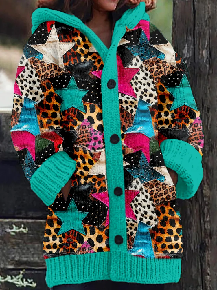 Western Animal Print Leather Patchwork Cozy Hooded Cardigan