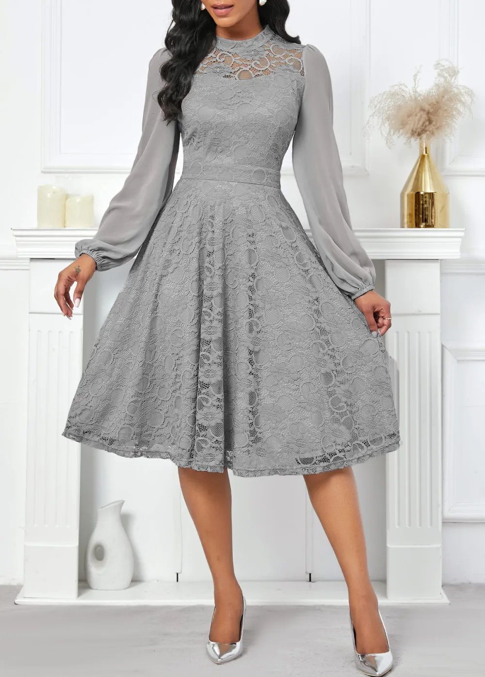 Lace Grey Long Sleeve Stand Collar Dress