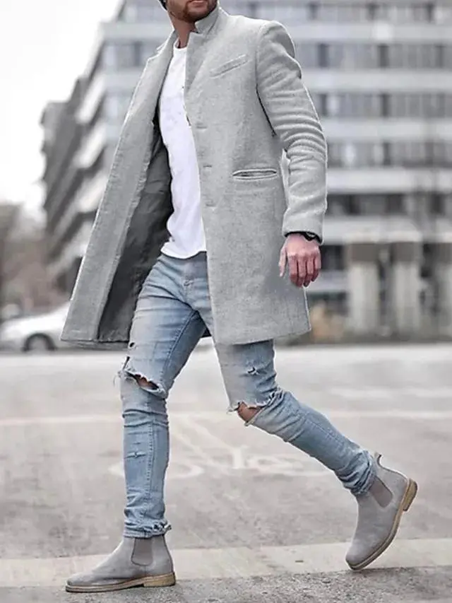 Men's Winter Coat Overcoat Trench Coat Short Coat Overcoat Work Business Winter Polyester Warm Outerwear Clothing Apparel Solid Colored Classic Style Notch lapel collar