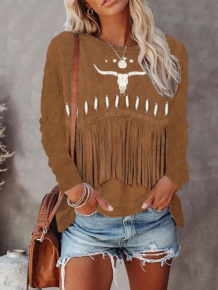 Vintage Western Fringe & Bull Skull Art Long Sleeve T Shirt