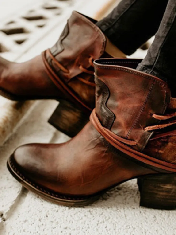 Vintage Paneled Chunky Heel Ankle Boots