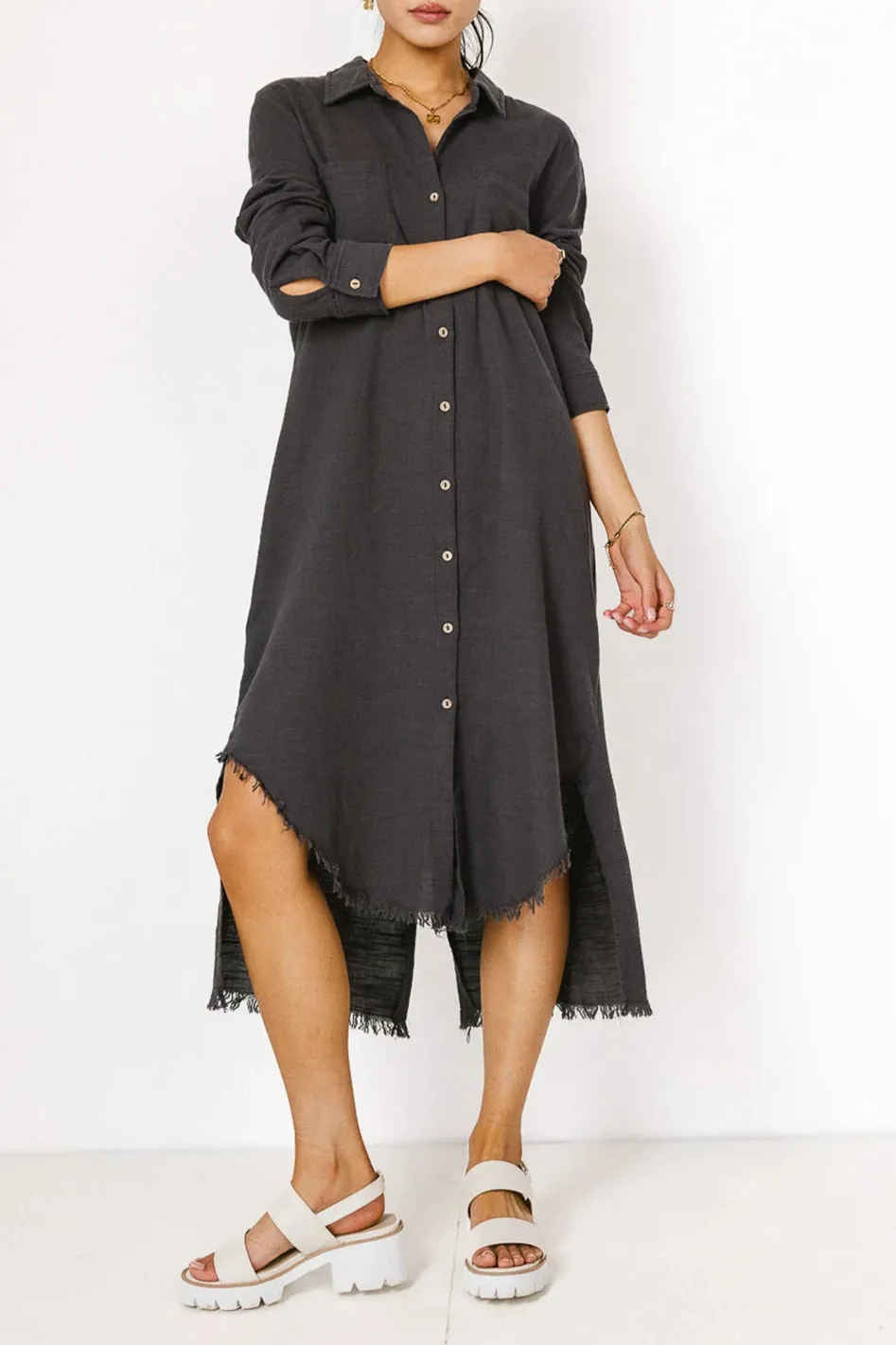 WINNIE BUTTON UP DRESS IN CHARCOAL