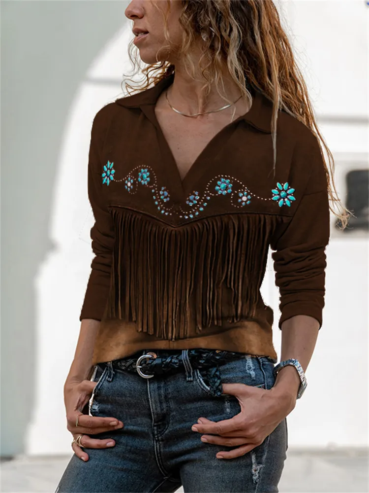 Western Turquoise Floral Leather Art  V Neck Sweatshirt