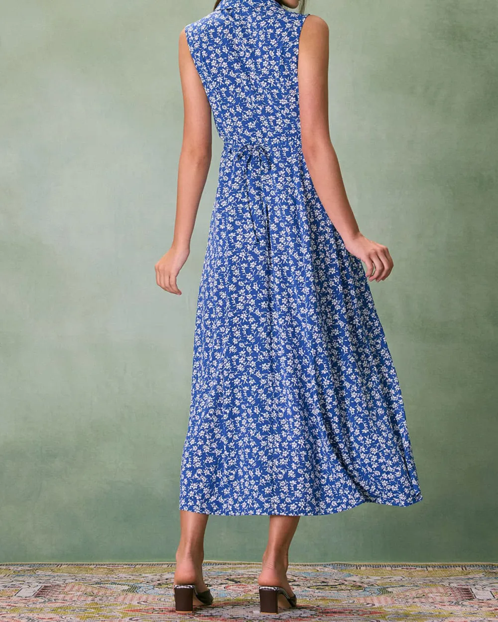 Lapel Blue Floral Dress