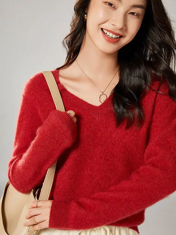 Simple 6 Colors V-Neck Long Sleeves Wool Knitting Sweater