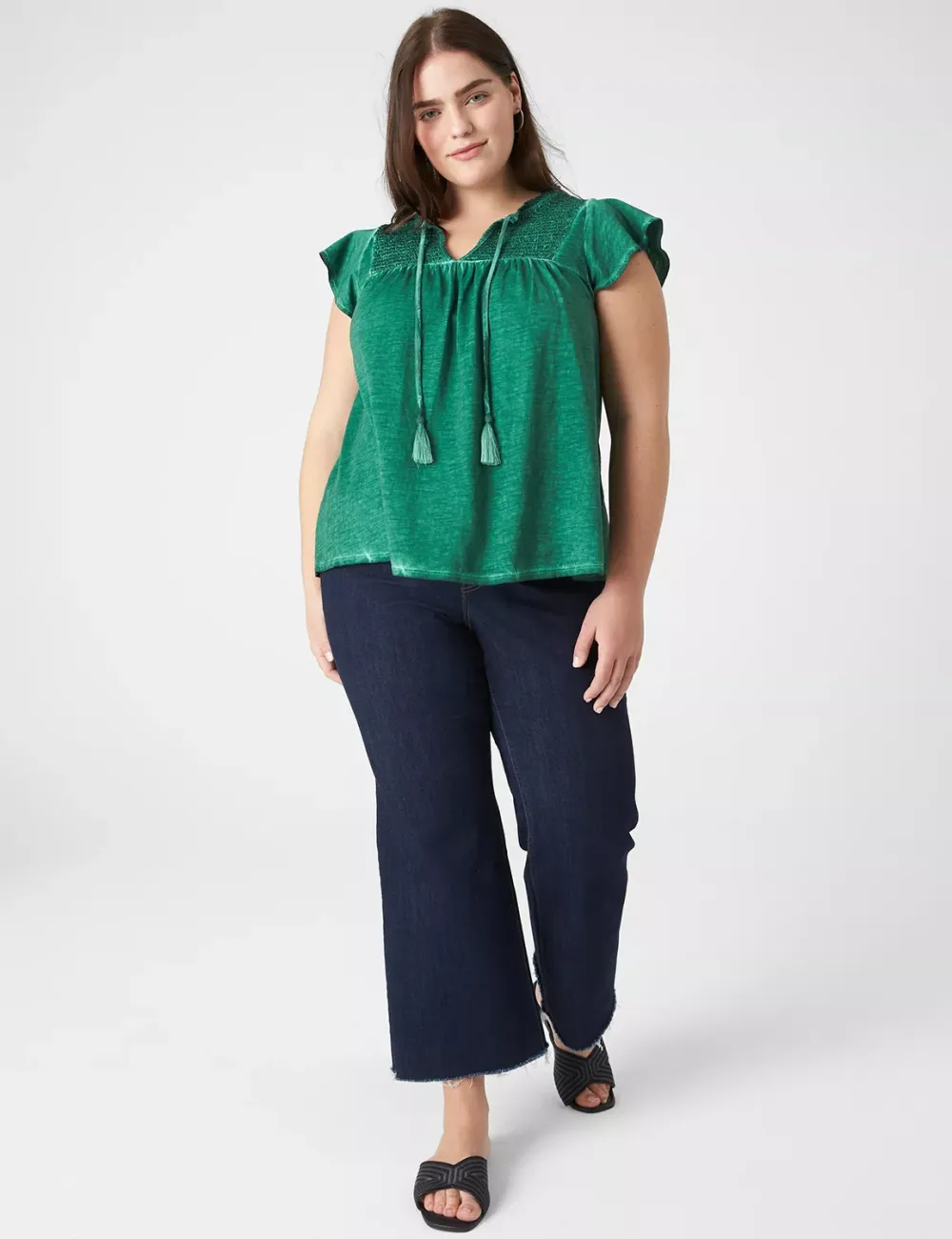 Swing Ruffle-Neck Smocked-Yoke Tee