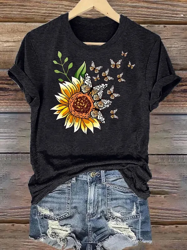 Sunflower Cute Butterfly Graphic Tee