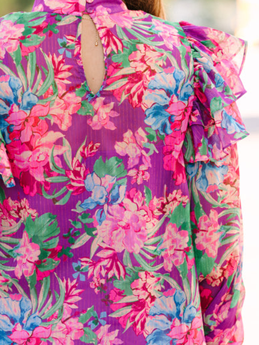 Half Stand Neck Purple Floral Blouse