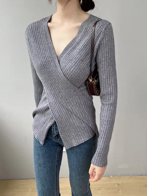 Chic Simple 5 Colors Split-Front V-Neck Long Sleeves Knitted Sweater Tops