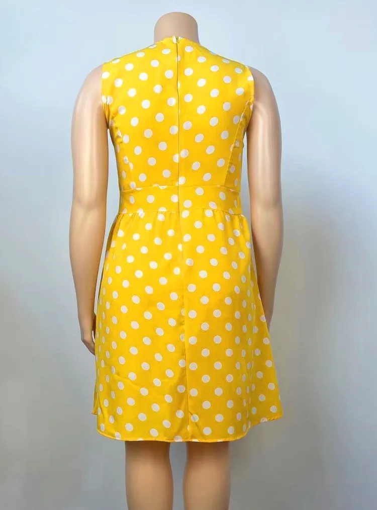 Women Summer Yellow Sweet O-Neck Sleeveless Dot Print Midi A-line Plus Size Casual Dress