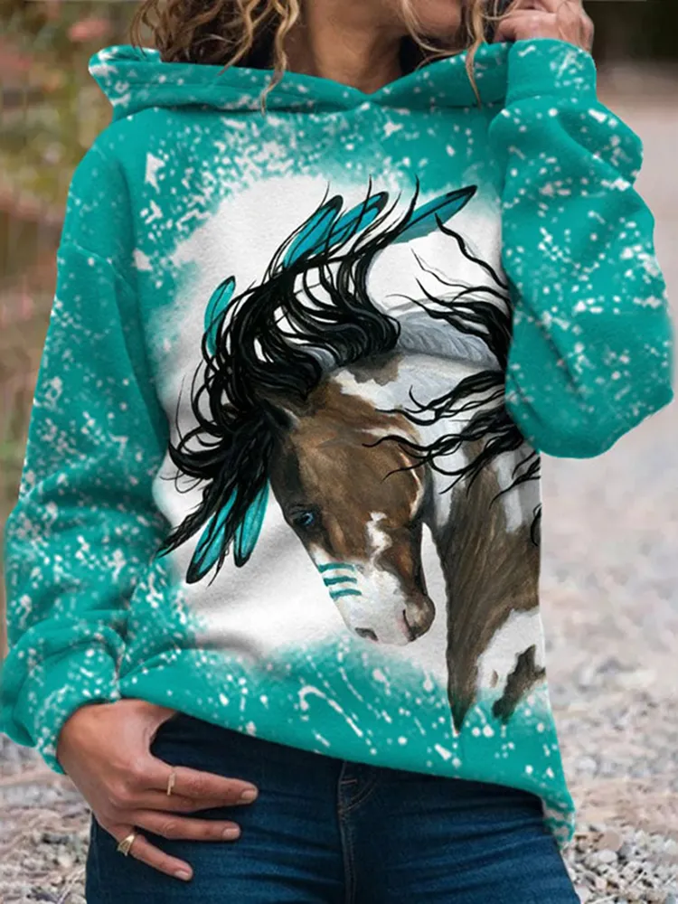 Western Horse Print Long Sleeve Hoodie