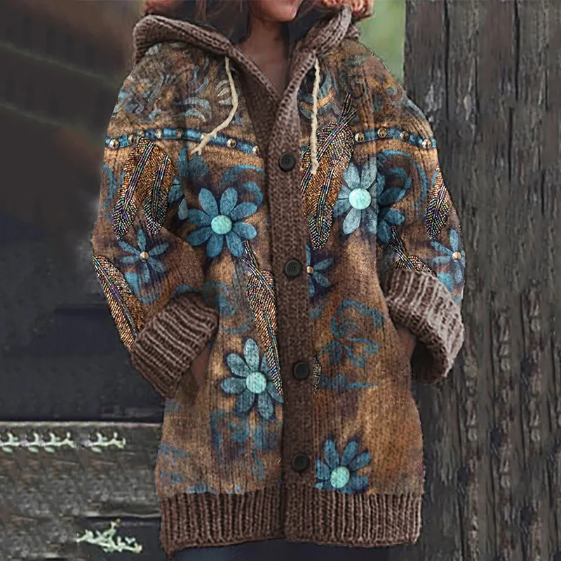 Women's Western Vintage Floral Geometry Cozy Hooded Cardigan