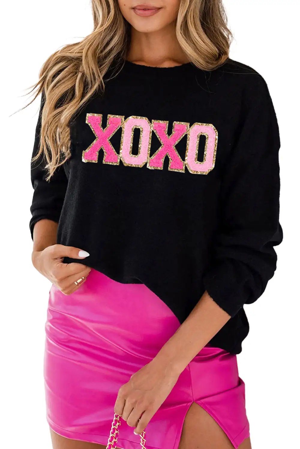 XOXO Glitter Print Round Neck Casual Sweater