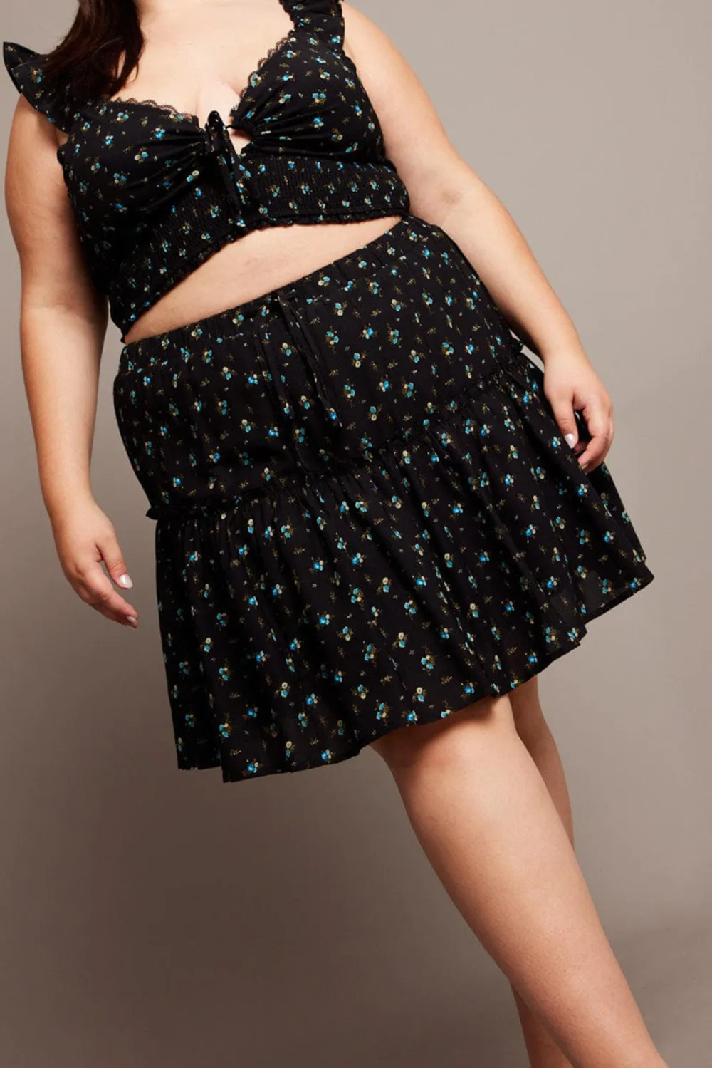 Black Ditsy Frill Hem Mini Skirt