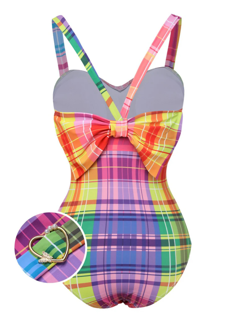 MULTICOLOR 1970S RAINBOW PLAID BOW SWIMSUIT