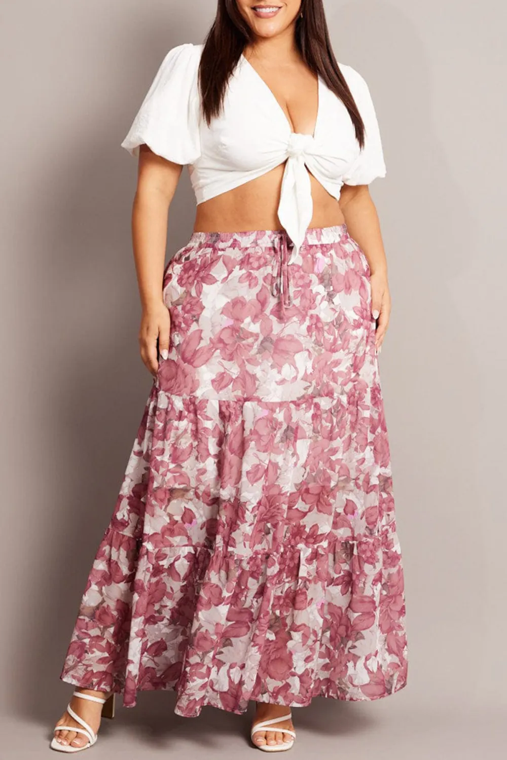 Pink Floral Elastic Waist Chiffon Maxi Skirt