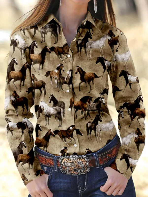 Western Wild Horses Pattern Long Sleeve Cozy Blouse