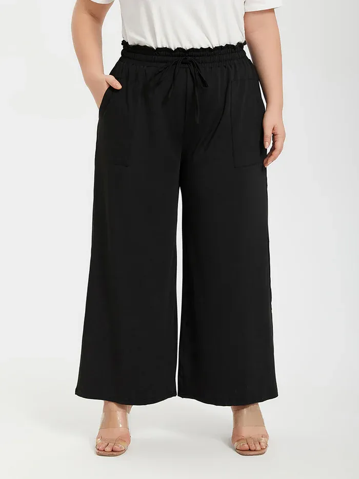 Plus Plain Paperbag Waist Kont Front Pocket Wide Leg Pants