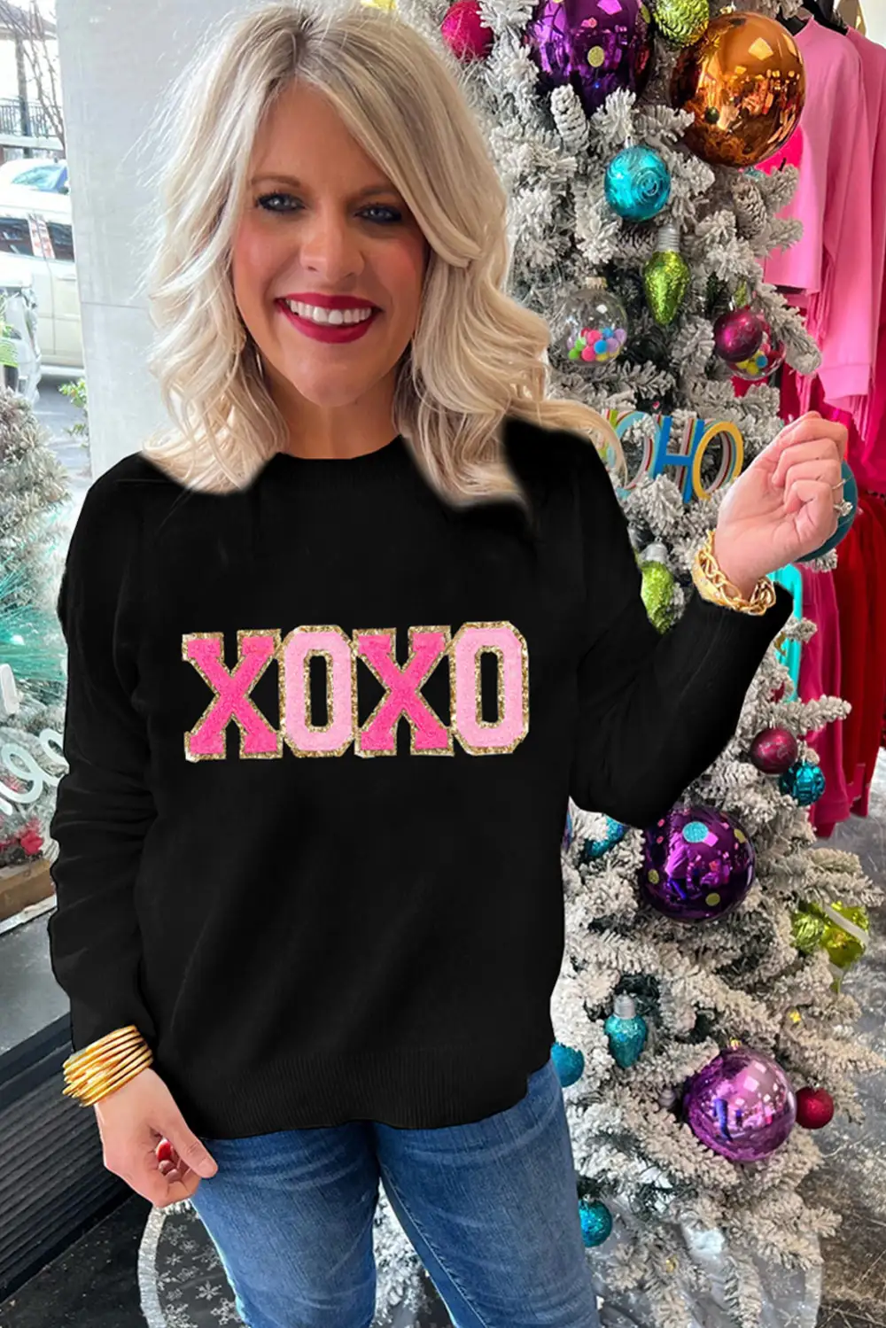 XOXO Glitter Print Round Neck Casual Sweater