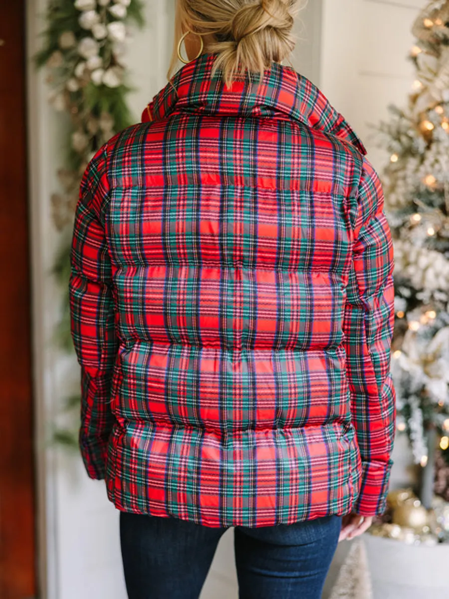 Red Tartan Plaid Puffer Jacket