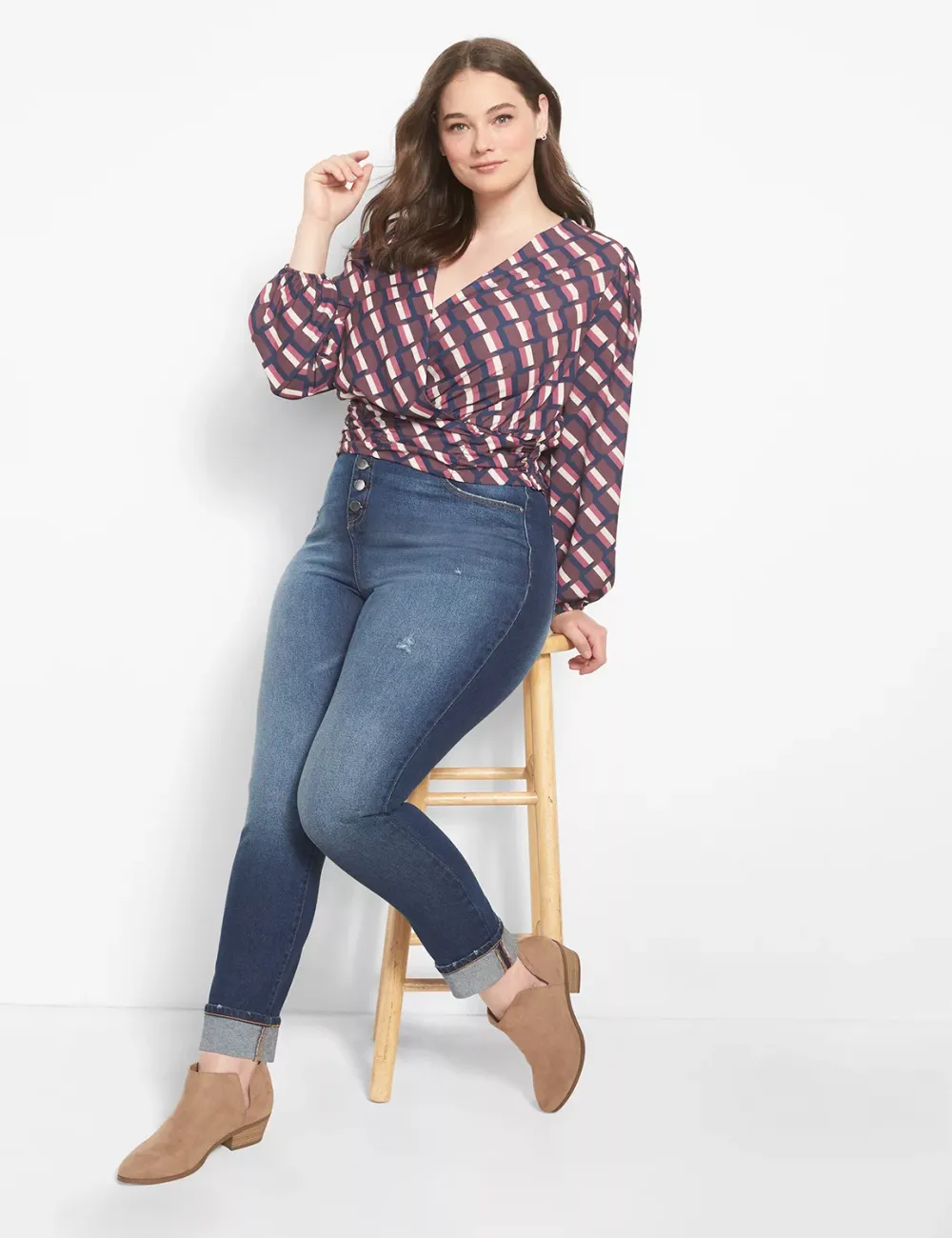 Classic Long-Sleeve Surplice-Neck Shirred-Waist Crop Blouse