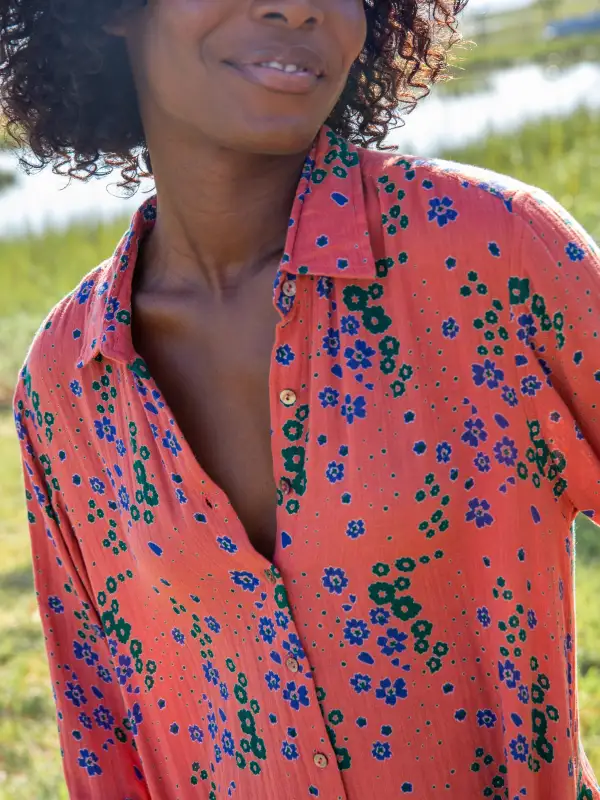 Georgia Gauze Shirt Dress - Red Green Floral