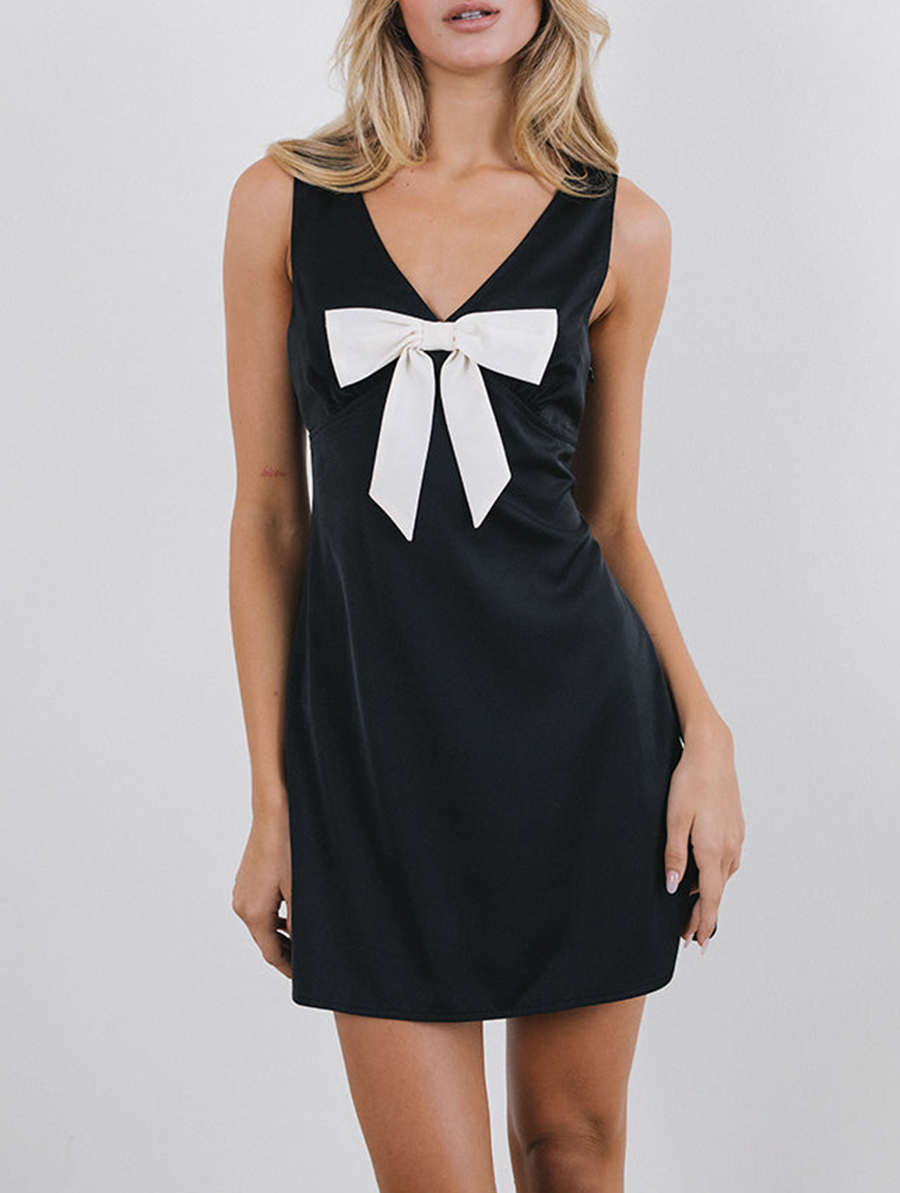 Faradiba Mini Dress In Satin Black With Ivory Bow