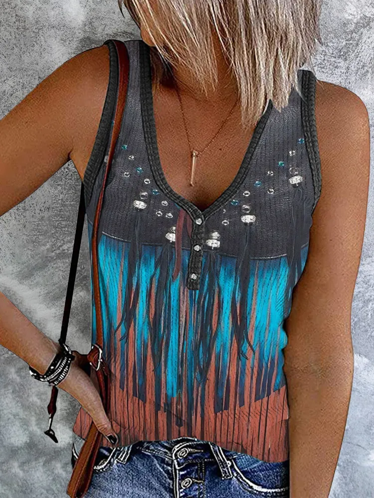 Vintage Western Tassel Print V-Neck Tank Top